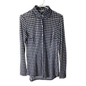 CAbi Navy and White Plaid Mesh Button Down Shirt